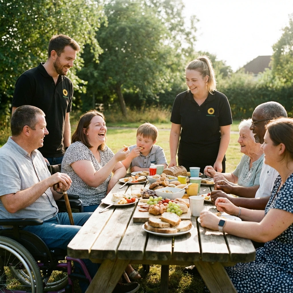 Group picnic with participants and support workers smiling together at a table